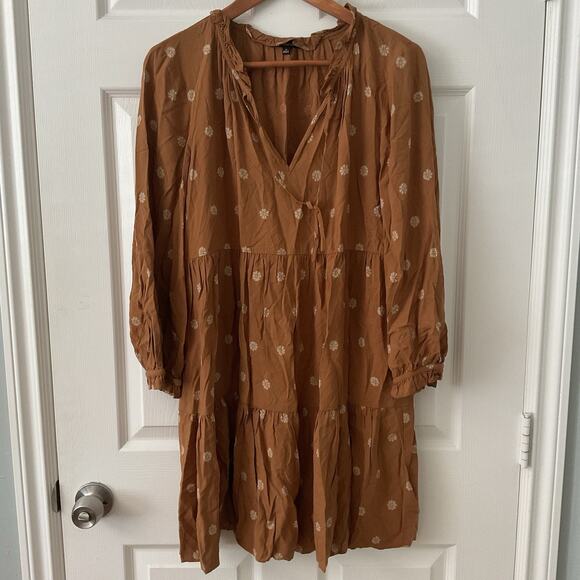 Madewell Mini Dress Tie Neck Tiered Bloom Dot Size Medium Fall Autumn Holiday - Picture 1 of 4